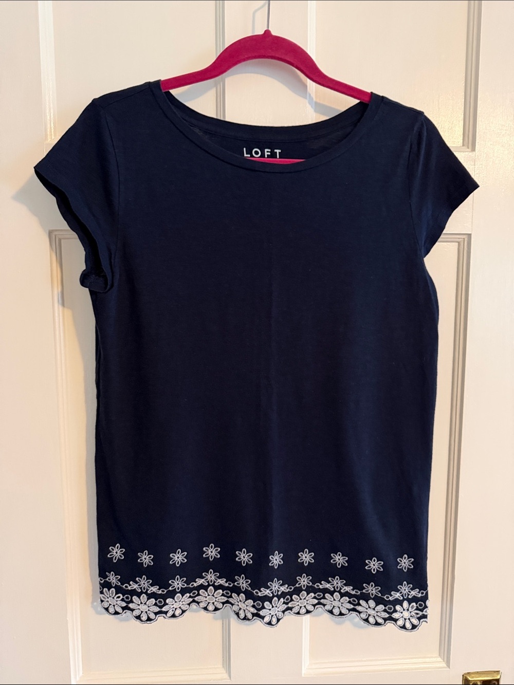 🌀Loft navy blue top with cap sleeves and white embroidered hem. Size S.